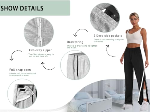 Unisex Tearaway Pants with 2 Side Zippers Snaps for Post Surgery Men Cotton Rip Off Breakaway Pant for Hip Replacement3