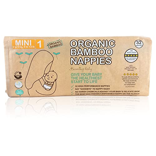 Beaming Baby Pañales de bambú orgánico tamaño 6, Mini, 1 paquete de 32 pañales ecológicos de bambú ecológicos para tu bebé recién nacido hasta 4 meses