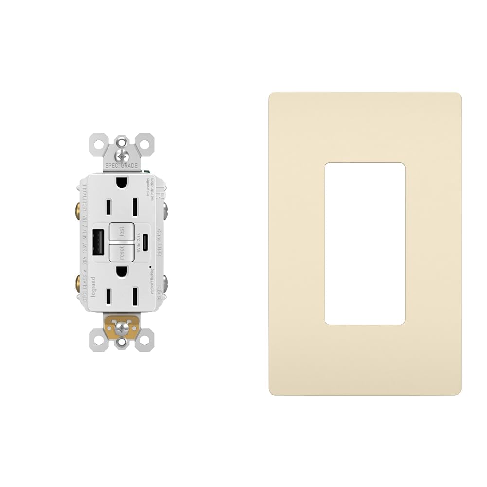 Legrand Radiant 15 Amp GFCI Outlet with USB A/C and Screwless Wall Plate, 1 Count Each
