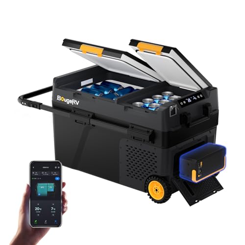 【リン酸鉄バッテリー内蔵可能・専用バッテリー 1 個付属】BougeRV 車載冷蔵庫40L ポータブル冷蔵庫 【最長20時間連続稼働】-20℃～20℃ 2室個別温度設定 APP遠隔操作 3WAY電源 AC100V/DC12V/24V 省エネ 35dB静音 2フタ開き LCD 温度表示 庫内灯 水抜き 家庭・アウトドア・車中泊・キャンプ・トラック・釣り CRD2 V2.0 【ハンドル&キャスター付】