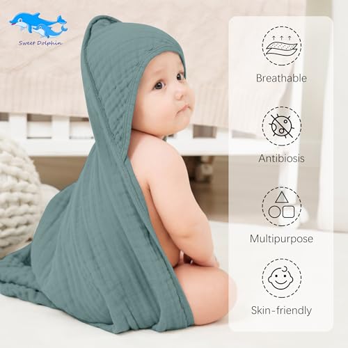 Image of SWEET DOLPHIN Muslin Hooded Baby Bath Towels - 2 Pack 100% Cotton Towel for Babies, Infants, Toddlers - 32x32Inch - Highly Absorbent and Newborn Essential, Light Emerald