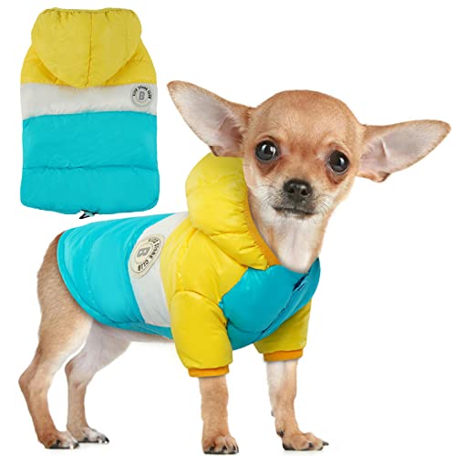 FUAMEY Puppy Puffer Jacket, Warm Padded Pet Snow Vest, Cute Windproof Dog Clothes, Waterproof Outdoor Lightweight Small Dog Hoodie, Chihuahua Poodles Yorkshire Pet Apparel M/16 Medium Blue