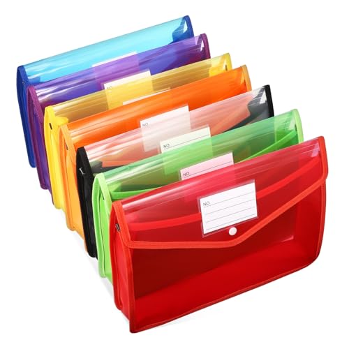 DINHEAROM ボタン式ファイルフォルダ 7個セット A4サイズ 拡張可能 大容量ラベルポケット付き 書類保護用透明プラスチックバッグ オフィス整理用品