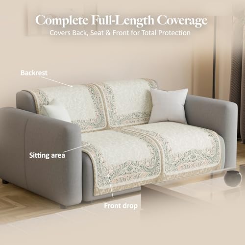Image of Kuber Industries 2 Seater Sofa Cover | Velvet Slipcover for Living Room | Thick & Cozy | Non-Slip Comfort Sofa Cover Set | Digital Painting Juliet 1186 - Beige & Green