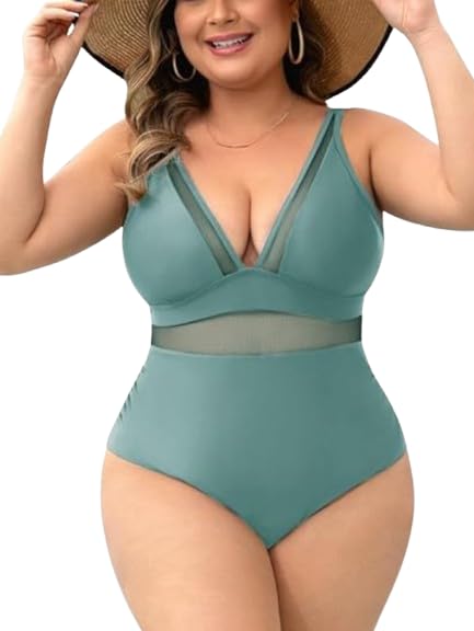 Mesh Sheer V Neck Tummy Control Swimsuit with Adjustable Wide Straps-image-34
