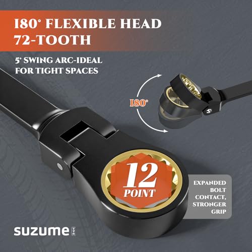 Image of SUZUME Extra Long Flex Head Ratcheting Wrench 17-19mm Metric Double Box End 180 Flexible Head 72-Tooth 15K Gear Tested CR-V Steel Black Chrome Finish For Suspension Heavy Equipment & DIY