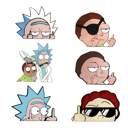DINGFENG Pack of 6 Rick and Morty Car Stickers - Funny Anime Decorative Stickers for Car, Motorcycle, Laptop, Window - Waterproof Vinyl Stickers for Car Tuning, Cartoon & Fun Decoration