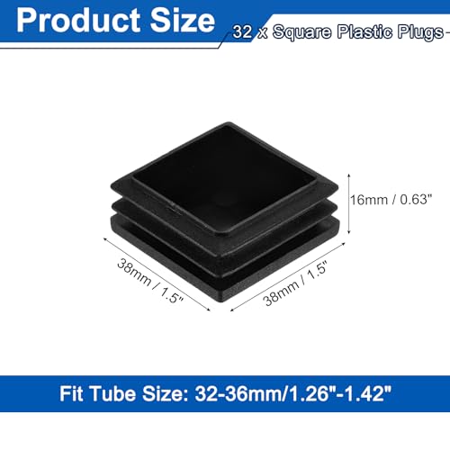 Image of uxcell 32Pcs Square Plastic Plugs, 38 x 38mm /1.5 x 1.5inch PE Pipe Tubing End Caps for 32-36mm /1.26-1.42inch Square Tube Furniture Chair Leg, Black