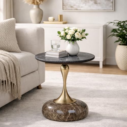 Image of Round Side Table with Marble Top, Brushed Golden Pedestal Base, Metal Base with Marble Effect, Modern Accent Table for Living Room, Bedroom