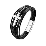 Freundschaftsarmbänder, Armbänder für Paare Mehrschichtiges geflochtenes Lederarmband mit Magnetverschluss Herren-Manschettenarmband Christliches Armband Kreuz Religiöser Armreif KONIEEJN
