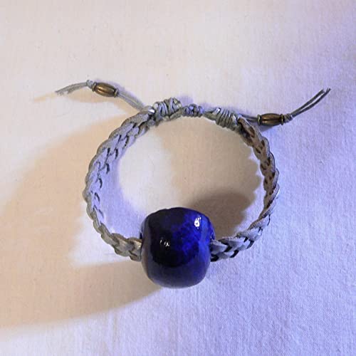 Bracelet suédine tressée et céramique émaillée bleue d'exception - 3