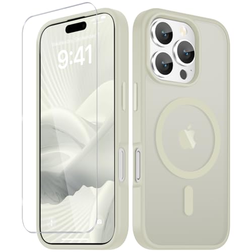 Image of YENAPOON for iPhone 16 Pro Case, Matte Magnetic Phone Cover [with 1 Screen Protector] [Support for MagSafe] [Shockproof Military Grade Protection] Translucent Frosted Back, Cream White