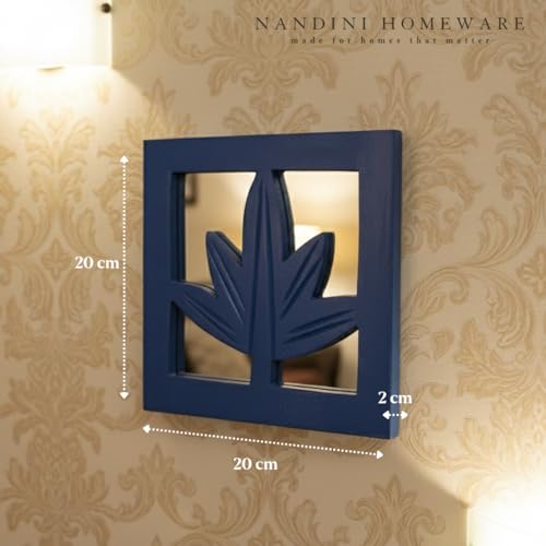 Image of Nandni Homeware Handcrafted Traditional Blue Leaf MDF Wooden Jharokha Wall Art with Mirror Work | Boho Vintage Style Decorative Wall Hanging for Living Room, Bedroom & Home Interiors (Blue Leaf)