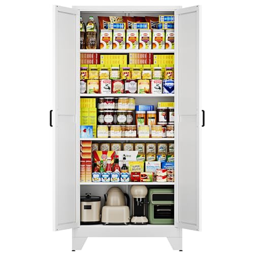 Image of Letaya 75 inch H Metal Storage Cabinet with 2 Doors and 4 Shelves,Tall Kitchen Pantry Cabinets,Farmhouse Utility Pantry Organizers for Cupboard /Dining /Bathroom /Home Office /Garage,White