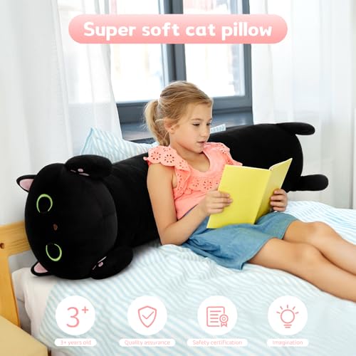 Image of MaoGoLan Black Cat Plush Body Pillow, 44'' Giant Glow in The Dark Cat Stuffed Animal Toy for Girl Boy Kid, Big Cute Kitten Plush Throw Pillow for Birthday Gift, Baby Shower Party Favor Decor