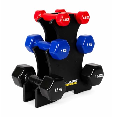 Image of De Jure Fitness Dumbbell Set with Stand for Home Gym | 0.5kg 1kg 1.5kg 3 Pair Dumbbells Set | Vinyl Weight Set with Rack | Space Saving Compact Stand | Strength Training Workout Equipment