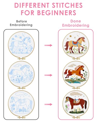 Image of TINDTOP Embroidery Kit for Adult, 3 Pack Embroidery DIY Starter Kit | with Stamped Patterns, Hoop, Tools, Colorful Threads with Needles, Instructions