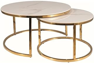 PORTAFINO, Couchtisch, 2-teilig, Keramik-Tischplatte, Luxus Couchtisch Set, Gold-Metallgestell, Ø80/60cm, Weiß/Gold