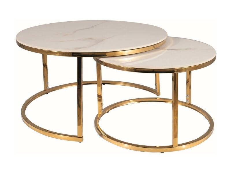 SIGNAL MEBLE PORTAFINO Couchtisch 2-teilig Keramik-Tischplatte Luxus Couchtisch Set Gold-Metallgestell Ø80/60cm Weiß/Gold