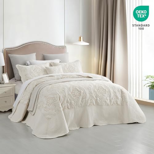 Image of CHIXIN Bedspread Coverlet Quilt Set Full Size - Lightweight Bedding Cover - Beautiful Stitching - 5 Piece Reversible Bedspread - Gorgeous Damask Paisley Pattern (Full, Ivory-Yellow)