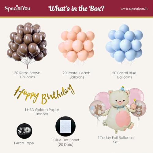 Image of Special You Teddy Bear Theme Birthday Decoration Items with Teddy Bear Foil Balloon, Pastel Peach & Blue Balloons for Decorations, Birthday Decoration kit for Baby Girl -64 Pcs