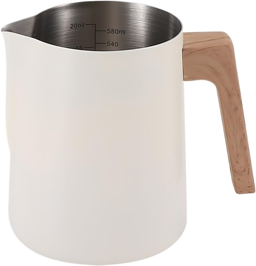 Coffee Milk Frothing Pitcher Jug Anti-scald Wood Grain Handle 304 Stainless Steel Precision Scale Professional Utensils(600ml silver)