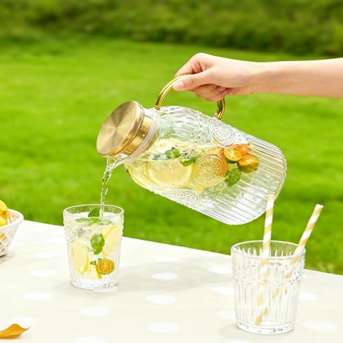 Image of Amzcku Glass Pitcher with Lid, 1 Gallon /128 oz Vintage Water Pitcher,Water Carafe for Cold Brew, Coffee, Lemonade, Iced Tea,Beverage, Heat Resistant Water Glass Jug 1Pack