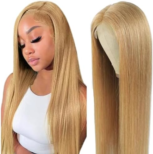 FTQZKEY Honey Blonde Human Hair Wig - 16 Inch Straight Lace Front Wig, 180 Density, 13X4 HD Lace, Color 27