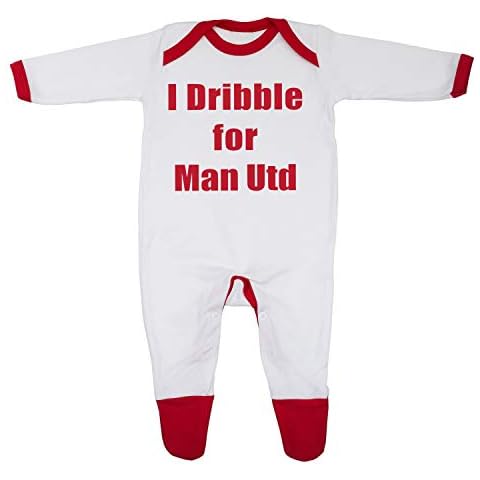 Cheekytots 'I Dribble For Man Utd' Baby Boy Girl Sleepsuit Designed in the UK Using 100% Fine Combed Cotton (6-9 Months, White/Red Trim) Cover
