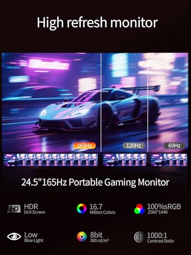 Image of 24.5 inch 2.5K Portable Monitor 160Hz QHD Gaming Monitor 100% sRGB IPS Large Screen, USB-C HDMI External Second Screen with Kickstand, Travel Monitor for Laptop, PC, Phone, VESA Mountable