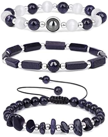 Risyfjew Natural Gemstone Healing Bracelets for Women Crystals Stone Beaded Bracelet Stress Anxiety Relief Moonstone Blue Sandstone Stretch Jewelry Gift for Women