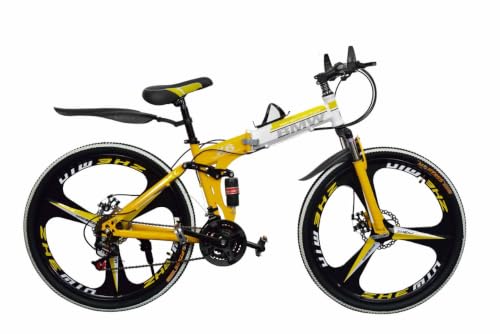 Image of Sunspeed 26 Inch Folding Mountain Bike Yellow White for Men & Women | 21 Speed Gear Cycle | Dual Disc Brakes | Front & Rear Suspension | Magnesium Alloy Wheels | Foldable Bicycle for Adults