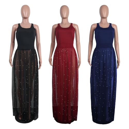 Yuopeid Women's Maxi Dress Sexy Strappy Sleeveless Waisted Mesh See Through Puff Swing Party Cocktail Dress4