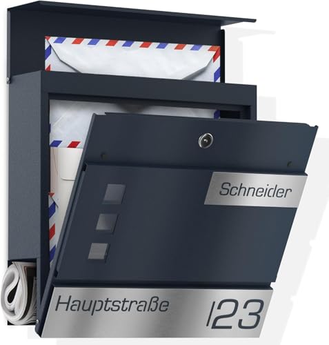 Graviers Design Boîte aux lettres avec compartiment à journaux en anthracite RAL 7016 – Fenêtre personnalisée en acier inoxydable – Nom de rue, numéro de maison, gravure, murale avec serrure