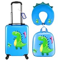 Sanwuta 4 Pcs Kids Luggage Set Kids Backpack Travel Rolling Suitcase with Wheels U-shape Pillow Childrens Gift for Girls Boys(17 Inch,Dinosaur Style,Blue)