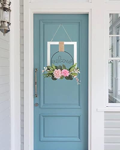 Home Decor Metal Welcome Sign Wooden Wreath Sign for Front Hanging Door Welcome Home Decorations Accessories Wall Art Outdoor Plaques Garden Signs for Entryway Living Room Wedding New Home Gift