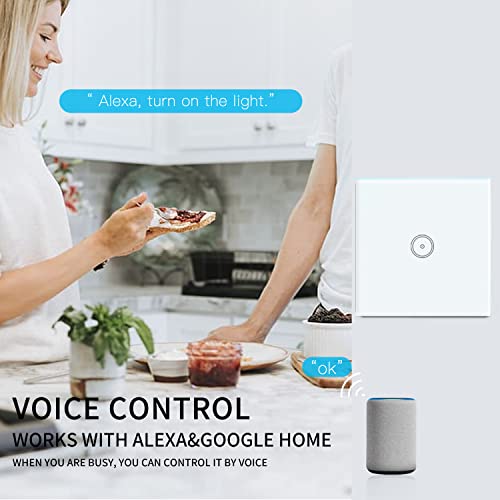 WiFi Smart Light Switch, 1 Gang Touch Wall Switch, Compatible with Amazon Alexa/Google Home, APP Remote/Voice Control, Timer, Neutral Wire Required, White - Image 6