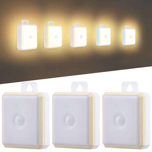 Image of Motion Sensor Night Light Indoor - Cordless Battery Powered Under Cabinet Lighting, Stick-on Magnet LED Closet Lights, Safe Light for Stairs, 4000K Nightlight 3-Pack (Yellow)