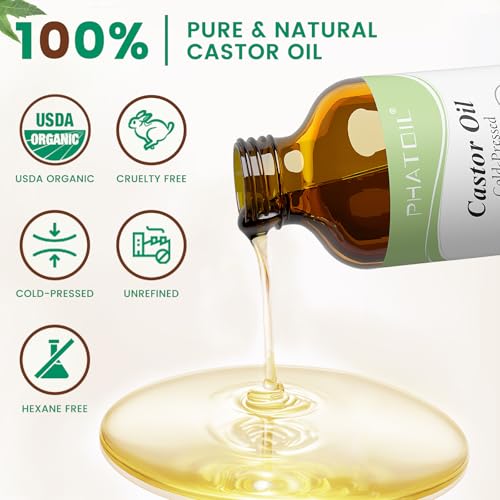 Image of PHATOIL Organic Cold Pressed Castor Oil USDA Certified, 4fl.oz Glass Bottle | Rich in Omega Fatty Acids, Ideal for Hair Growth, Eyebrows, Lashes, and Skin Care