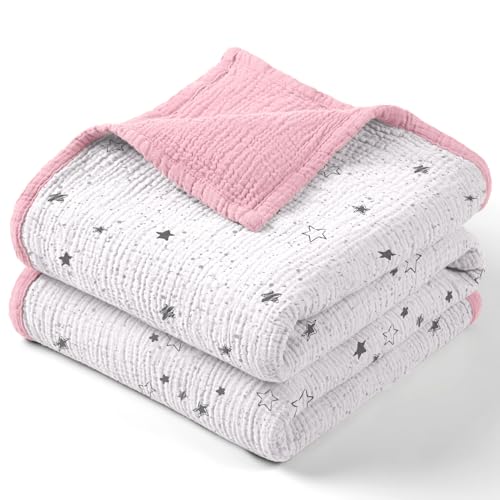 Image of lulumoon Muslin Baby Blanket for Girls - Cotton Quilt Blankets for Toddlers - Reversible Nursery Crib Blanket for Baby Gift 47"x47"(Pink Star)