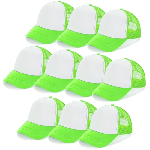 Ultrafun 10 Pack Trucker Hat Mesh Sublimation Blank Hats Adjustable Baseball Caps Hats for Men Women (Neon Green White)