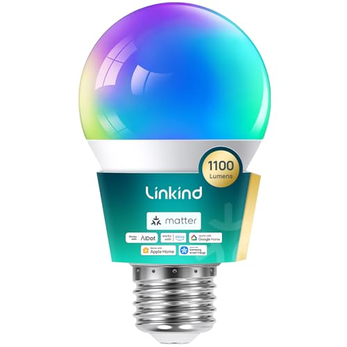 Lighting Linkind Matter Smart Light Bulb,1100LM 75W Smart Bulbs Work with Alexa/Apple Home/Google Home/SmartThings, RGBTW LED Color Changing Bulbs Music Sync, 2.4GHz Wi-Fi Light Bulbs LED 11W, A19 E26, 1Pack SmartThings Compatible Lighting Linkind Matter Smart Light Bulb,1100LM 75W Smart Bulbs Work with Alexa/Apple Home/Google Home/SmartThings, RGBTW LED Color Changing Bulbs Music Sync, 2.4GHz Wi-Fi Light Bulbs LED 11W, A19 E26, 1Pack SmartThings Compatible