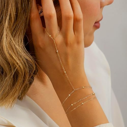 Moodear Dainty Gold Ring Hand Chain Bracelet - Trendy 14K Gold Plated Bead Satellite Cross CZ Hand Link Chain Bracelets for Women Simple Jewelry Gift4