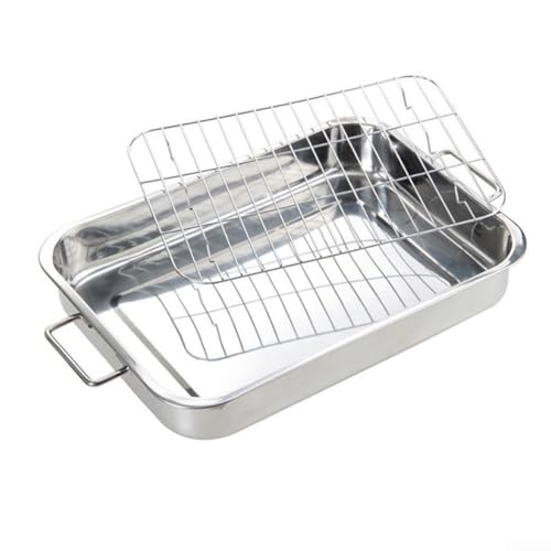 Qualoramall Bandeja de acero inoxidable para asar profundamente con bandeja para horno y parrilla para hornear, para carne, aves de corral, verduras asadas (42 x 32 x 6,5 cm)