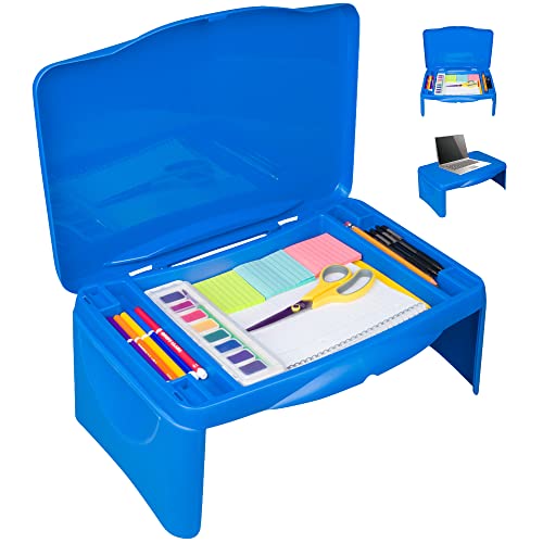 Folding Lap Desk - Foldable Table for Work, Study, Gaming, Arts, Crafts, School - Collapsible Laptop Tray with Storage Compartment - Portable Writing Station for Kids, Adults (Blue)