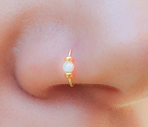 Small Nose Ring Hoop 14K Gold Filled with 2mm White Fire Opal 24 Gauge Wire Thickness 7mm Nose Piercing Jewelry for Women