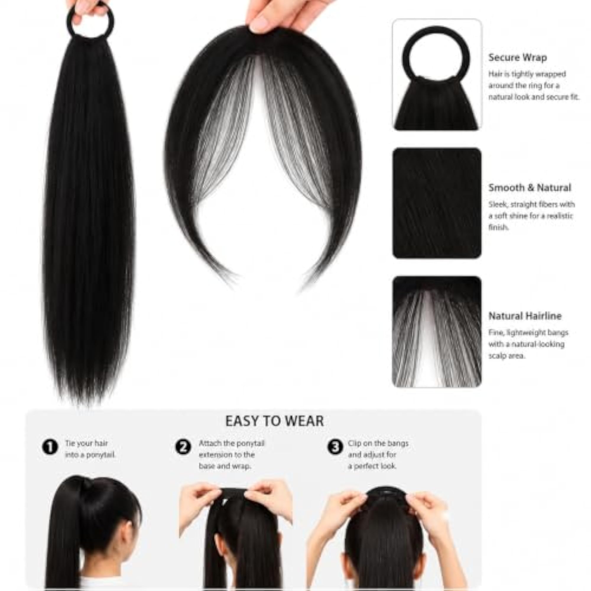 2Pcs Natural Black Hair Ponytail Extensions for Women