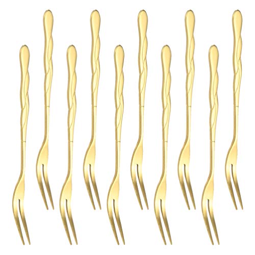 DOITOOL 10pcs Stainless Steel Cake Fork Fruit Fork Dessert Cake Forks Salad Cocktail Fork Two Prong Dinner Fork Golden
