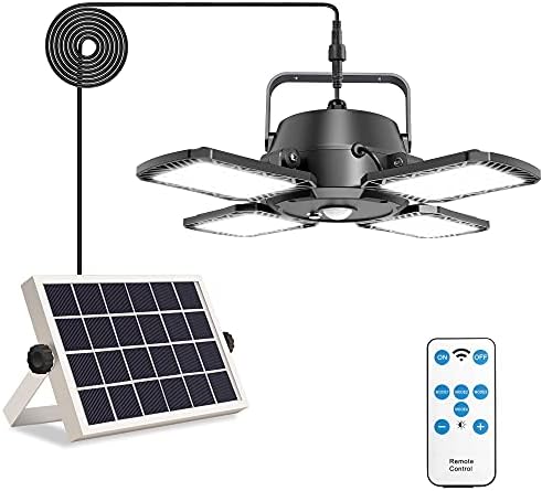 Aqonsie Solar Pendant Light Outdoor Indoor, 1000LM 128LED Solar Shed Light, 4-Leaf 120° Adjustable Solar Motion Sensor Light with Remote & 4 Lighting Modes for Shed Gazebo Barn Garage Home