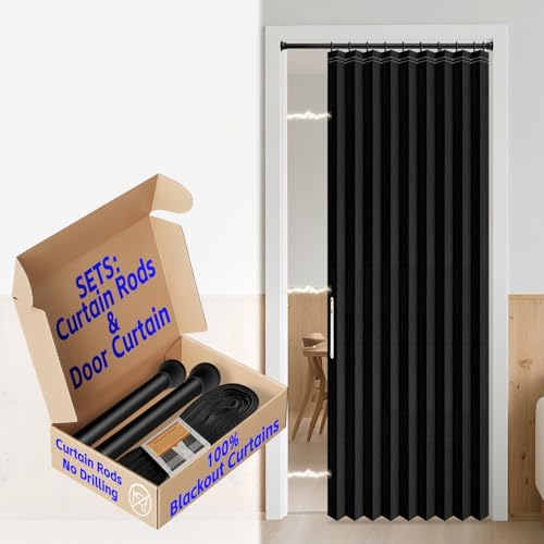Image of AJAZZ 100% Blackout Sliding Door Curtains for Doorways, Accordion Doors Magnetic Door Curtain for Bedroom Living Room Doorway Curtain Sets (1 Pack, 44 W x 78 L,Black+Rod)